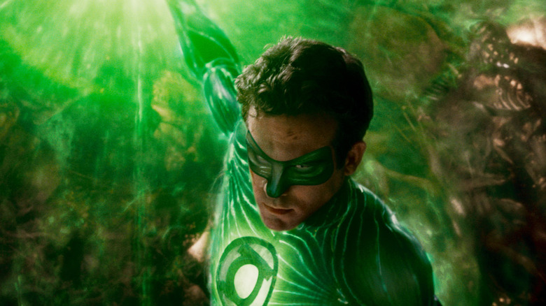 Green lantern in space, glows from its ring in the green lantern.