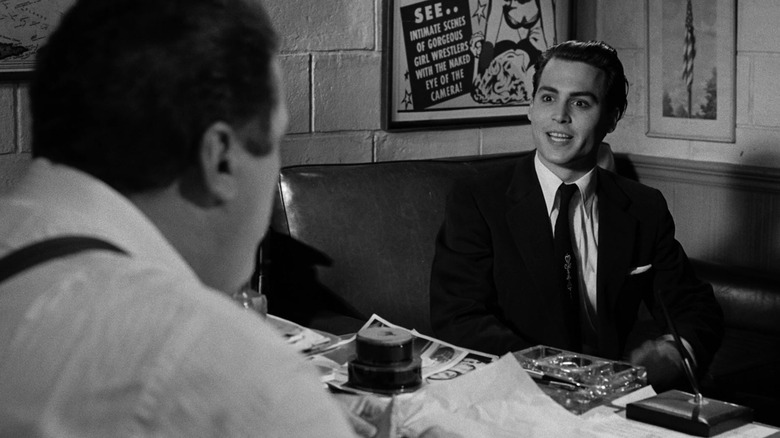 Ed Wood pitching a movie in a dingy office in Ed Wood