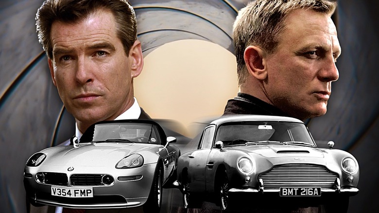 Pierce Brosnan and Daniel Craig as James Bond with the BMW Z8 and the Aston Martin DB5 superimposed over them