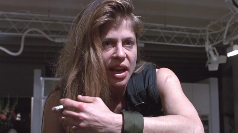 Linda Hamilton's Sarah Connor leans forward as she talks emphatically in Terminator 2 Judgment Day