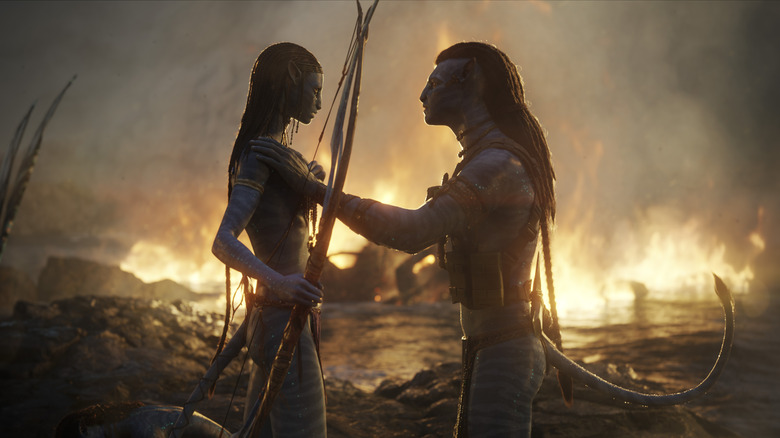 Neytiri (Zoe Saldana) and Jake Sully (Sam Worthington) share a heart-to-heart conversation in Avatar: The Way of Water