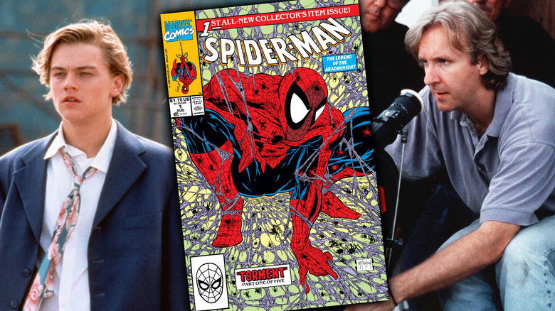 Leonardo DiCaprio and James Cameron are seen either side of an image of the Spider-Man Torment issue #1 cover