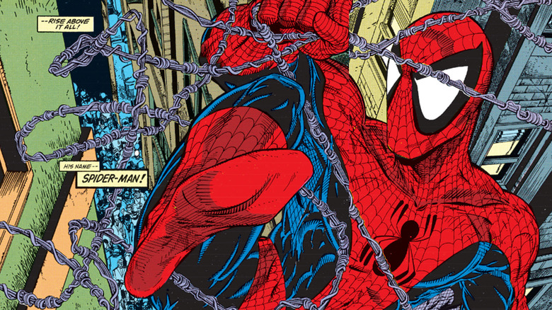 Spider-Man swings through New York in a splash page from Spider-Man #1
