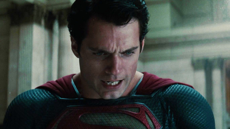 Henry Cavill as Superman looks upset in closeup in Man of Steel