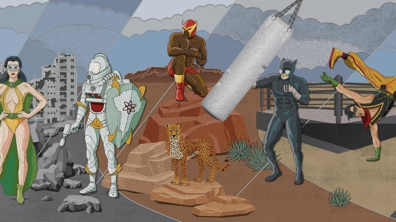 A mural showing several heroes across the history of DC comics in Superman