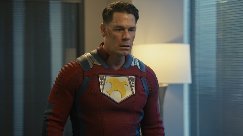 Chris has a look on shock in his face as if he's just now realized he's in a Nazi dimension in Peacemaker