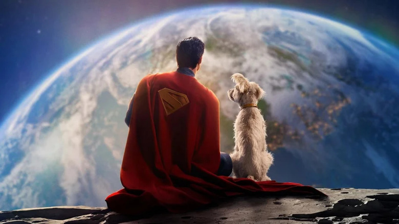 David Corenswet as Superman and Krypto the dog sits on the moon and looks down at Earth in Superman 2025
