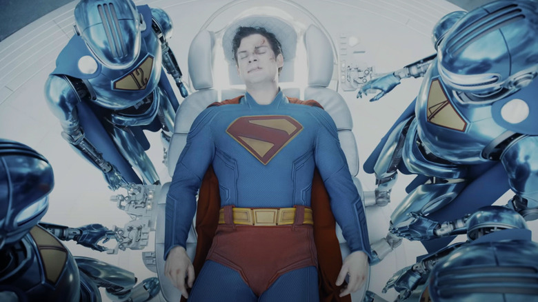 David Corenswet as Superman lays on a stretcher in the Fortress of Solitude in Superman