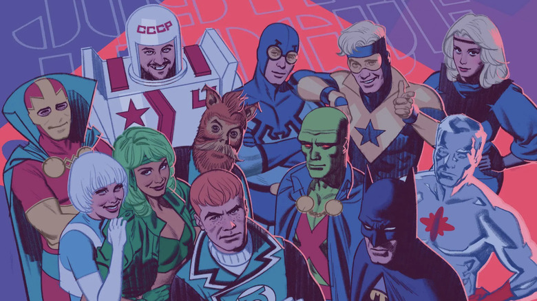 Splash page from Human Target by Tom King & Greg Smallwood featuring the Justice League International (L-R): Mister Miracle, Ice, Fire, Red Rocket, G'nort, Guy Gardner, Blue Beetle, Booster Gold, Martian Manhunter, Batman, Captain Atom, and Black Canary