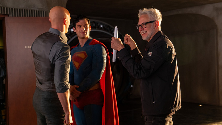 Nicholas Hoult as Lex Luthor, David Corenswet as Superman, and director James Gunn on the set of Superman