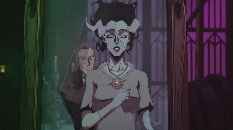 Victor Frankenstein putting a necklace around the Bride's neck in Creature Commandos