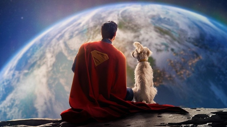 Superman and Krypto sitting on the Moon, looking at Earth, in Superman (2025)