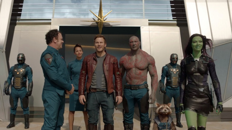 John C. Reilly, Chris Pratt, Dave Bautista, Bradley Cooper/Sean Gunn, Zoe Saldaña in Guardians of the Galaxy