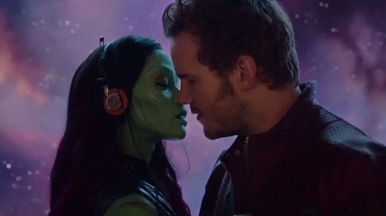 Zoe Saldana as Gamora and Chris Pratt as Peter Quill/Starlord in Guardians of the Galaxy