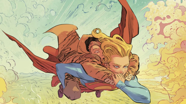 Supergirl flying with Ruthye Knoll on her back in Supergirl: Woman of Tomorrow