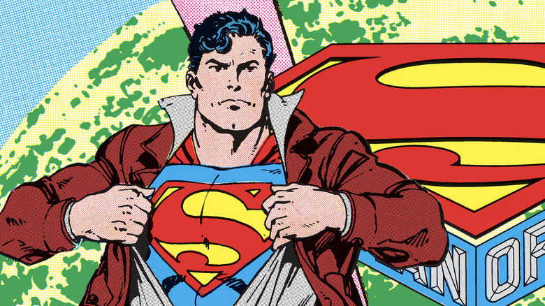 Clark Kent ripping open his jack to reveal Superman costume, with Krypton and Superman insignia in background