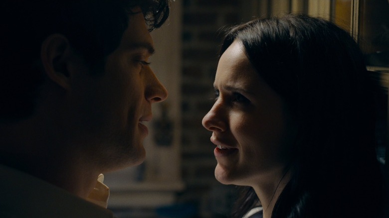 David Corenswet as Clark Kent pressed up against Rachel Brosnahan as Lois Lane in the kitchen in Superman