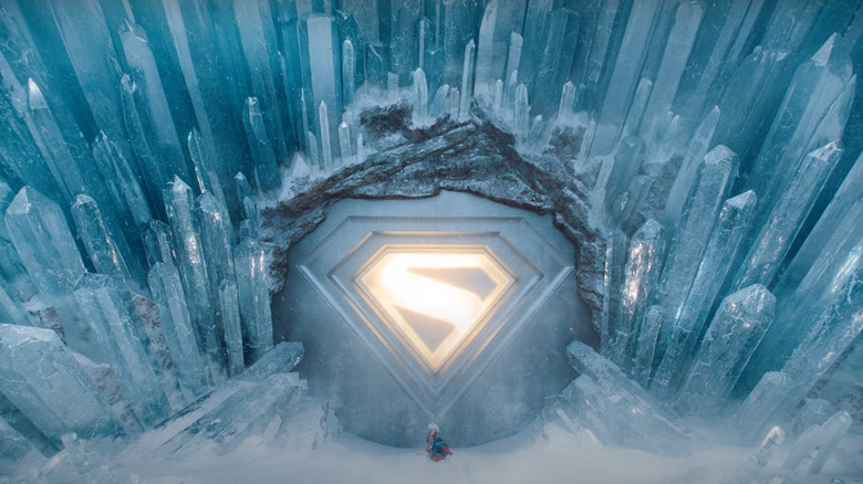 Superman and Krypto at the entrance to the Fortress of Solitude in Superman