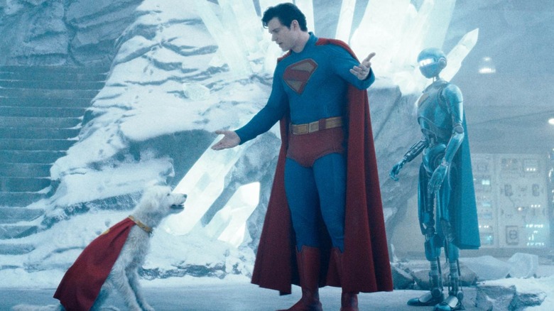 Superman talking to Krypto while Gary stands behind him in James Gunn's Superman
