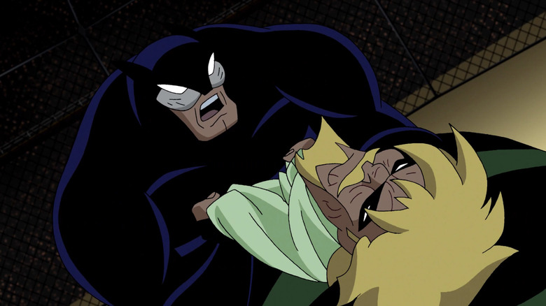 Wildcat grabs Green Arrow by his collar in Justice League Unlimited