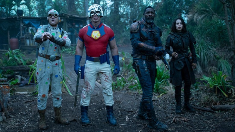 Polka-Dot Man, Peacemaker, Bloodsport, and Ratcatcher 2 in the jungle in The Suicide Squad