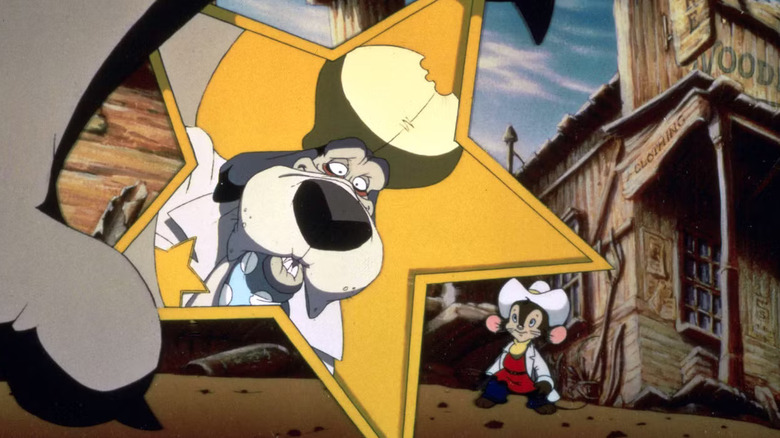 Wlylie Burp's face in a sheriff's star next to Fievel in An American Tail: Fievel Goes West