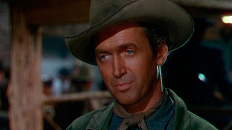 James Stewart flashes a lazy grin as Glyn McLyntock in Bend of the River