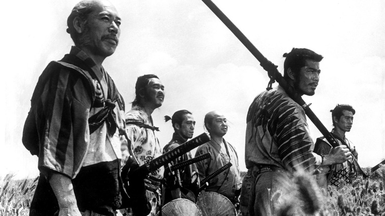 Six samurai stand on a hill together in Seven Samurai