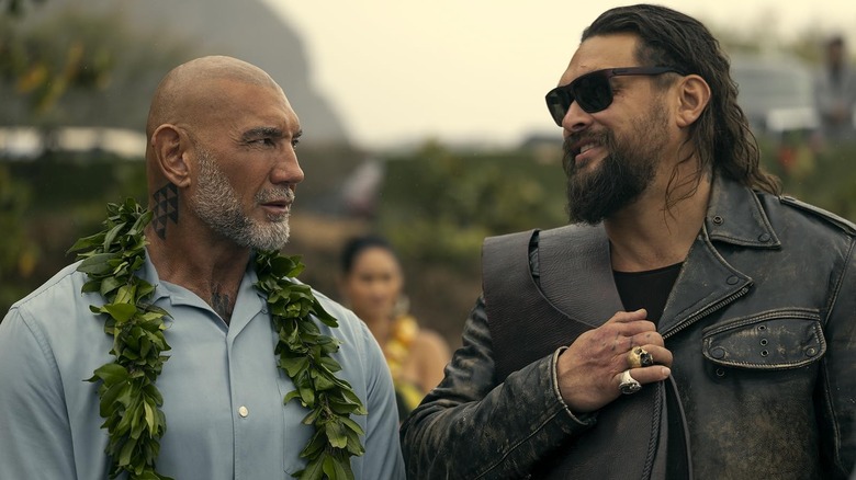 Dave Bautista's James Hale and Jason Momoa's Jonny Hale standing together in The Wrecking Crew