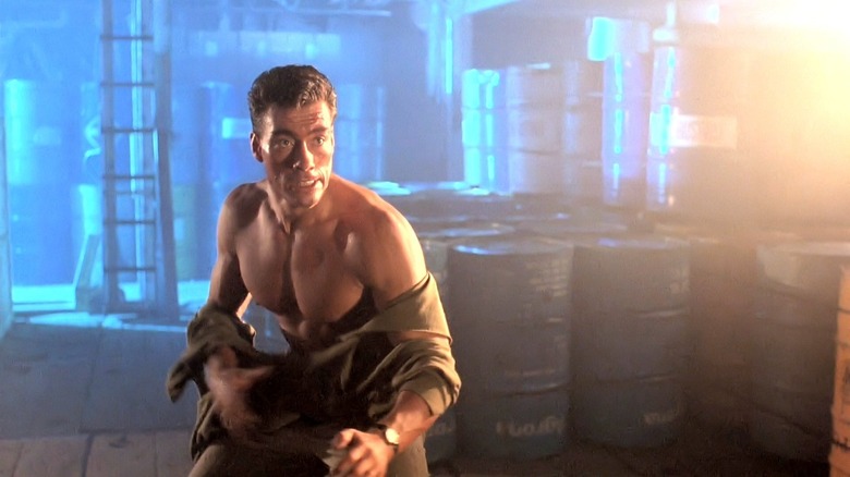 Alex (or perhaps Chad) shirtless about to get in a fight in Double Impact
