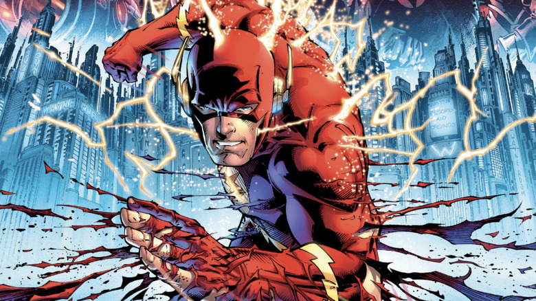 Barry Allen as the Flash running as reality collapses on the Flashpoint cover