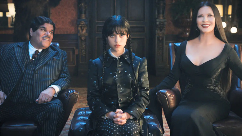 Luis Guzmán, Jenna Ortega, and Catherine Zeta-Jones in Wednesday