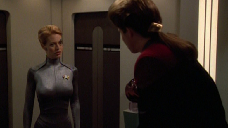 Captain Janeway giving Seven of Nine a talking to on Star Trek: Voyager