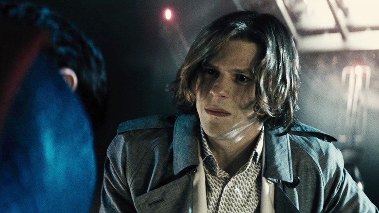 Jesse Eisenberg as Lex Luthor makes Superman kneel before him in Batman v Superman: Dawn of Justice