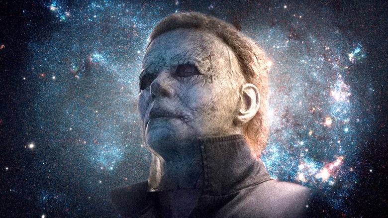 A vignette of Michael Myers in space against a backdrop of stars