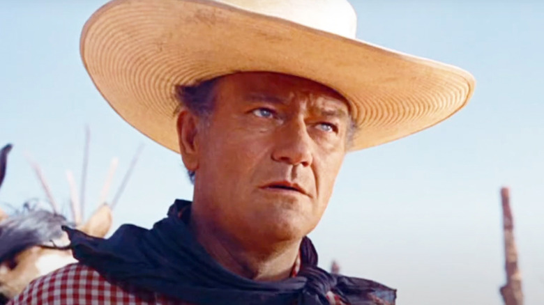 John Wayne's Ethan Edwards is seen in closeup in The Searchers