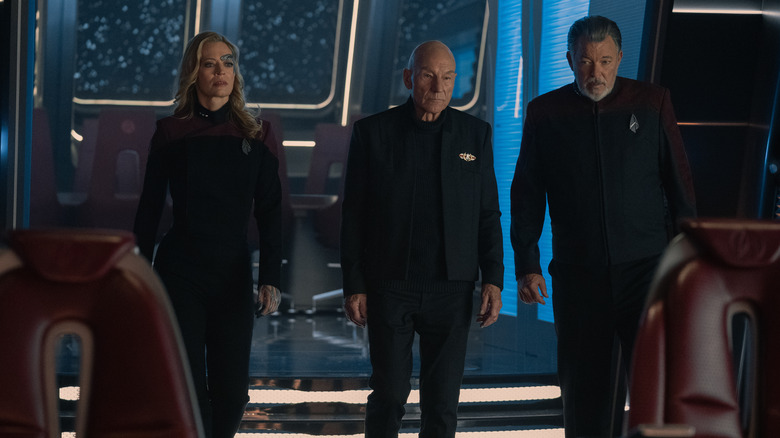 Jeri Ryan as Seven of Nine, Patrick Stewart as Jean-Luc Picard, Jonathan Frakes as William Riker in Star Trek: Picard season 3
