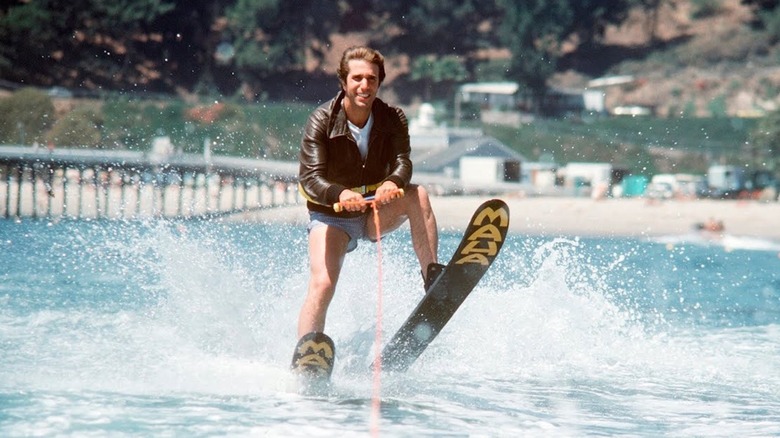 Henry Winkler prepares to jump a shark as Fonzie in Happy Days