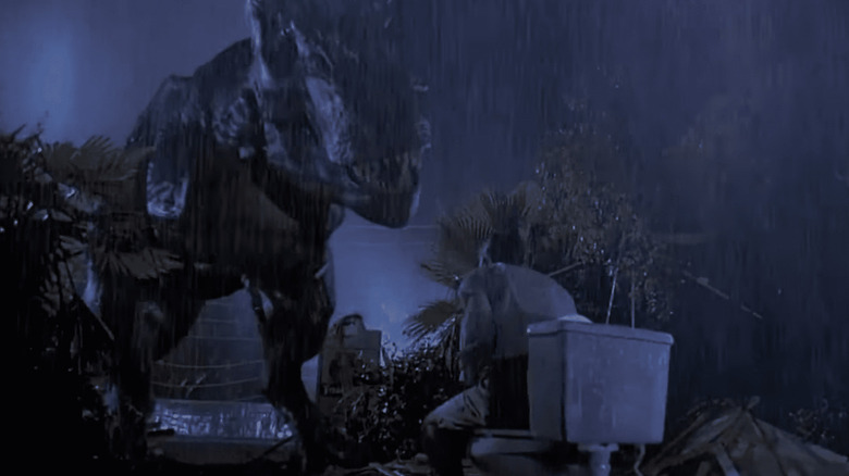 The T-Rex ready to eat Martin Ferraro on the toilet in Jurassic Park