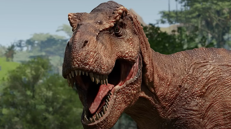 A Tyrannosaurus Rex with its mouth open in Jurassic Park: Survival