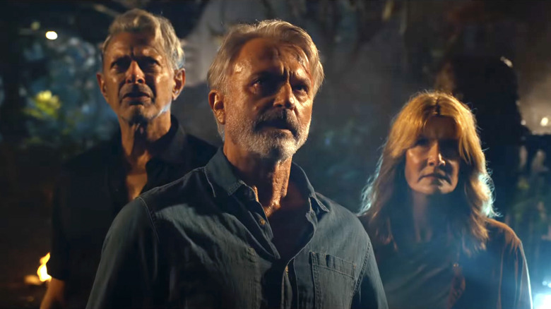 Jeff Goldblum, Sam Neill, and Laura Dern in Jurassic World: Dominion