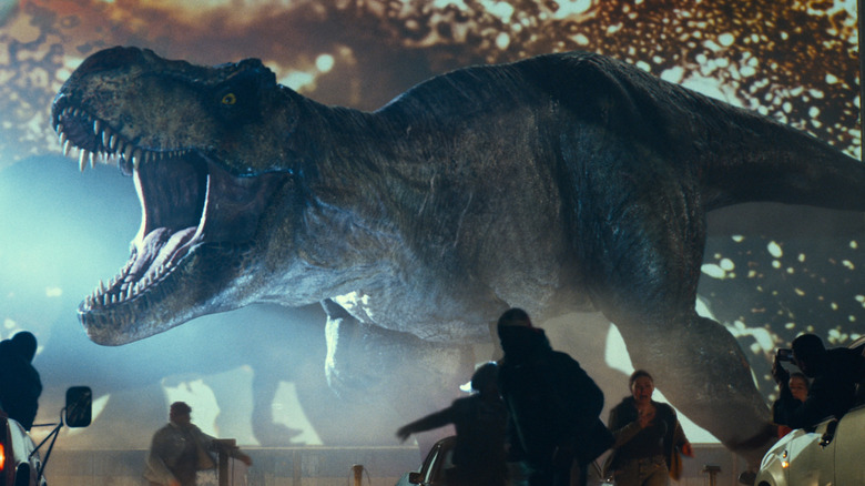 Jurassic World Dominion t-rex at the drive-in