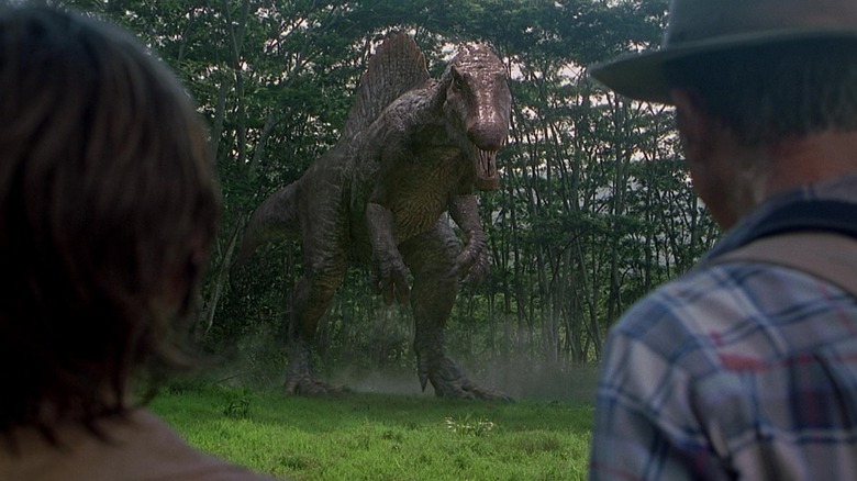 The meanest-looking Spinosaurus looks down at the puny humans it's hunted for two straight days in Jurassic Park III
