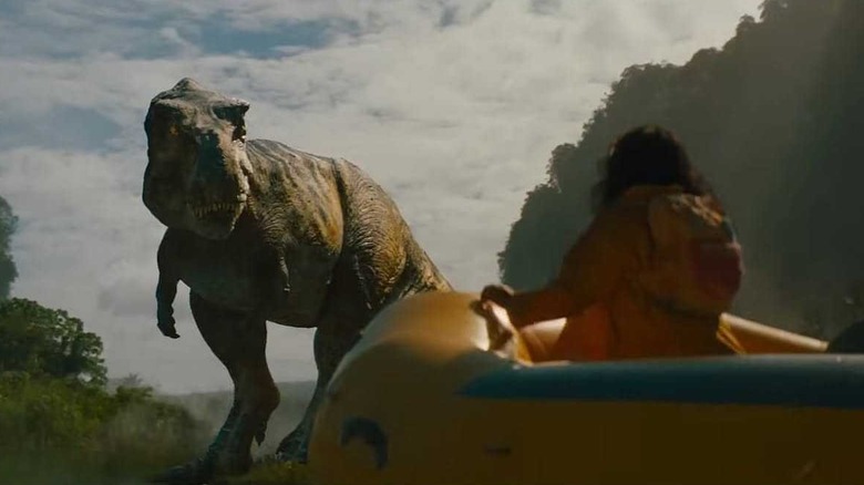 The T-rex attacking the raft in the river in Jurassic World Rebirth