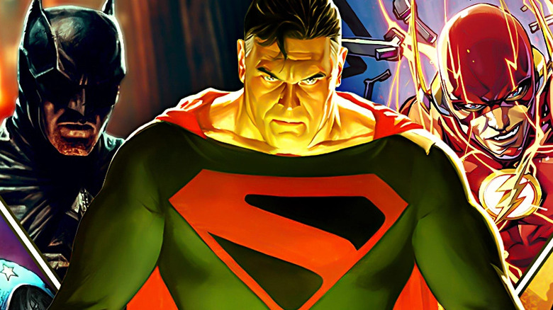 A collage of Superman standing sternly at a table in Kingdom Com in front of Batman in Batman: Dear Detective and The Flash on the cover of The Flash (vol. 5) #56
