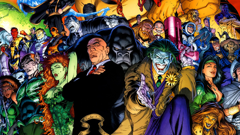 The DC Universe's supervillains stand lined up behind Lex Luthor and the Joker on the cover to Justice League of America (vol. 2) #13