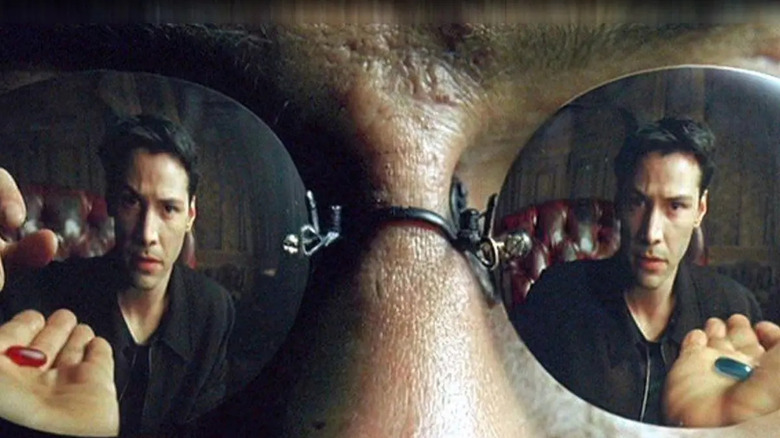 The iconic red pill and blue pill scene from The Matrix