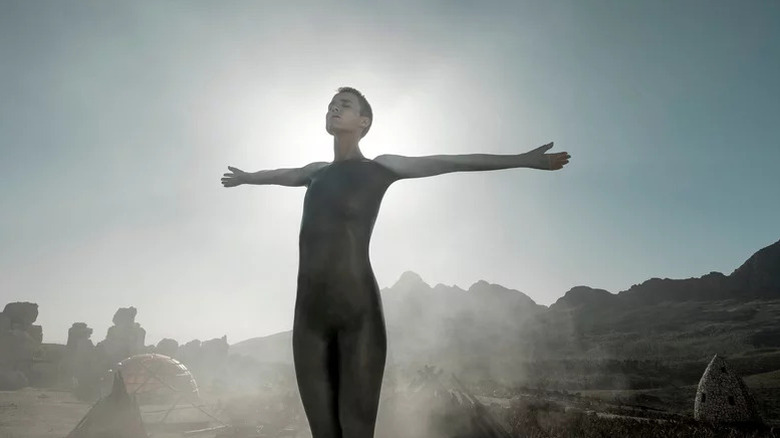 Amanda Collin's  Mother spreading her arms on Raised by Wolves