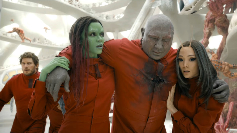 Dave Bautista, Pom Klementineff, and Zoe Saldana in Guardians of the Galaxy Vol. 3