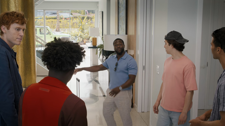 Ben Marshall's Hunter, Marcello Hernández's Nick, Kam Patterson's Freshman, and Mason Gooding's Mason look confused as Kevin Hart's Joe Nixon talks in the background in 72 Hours